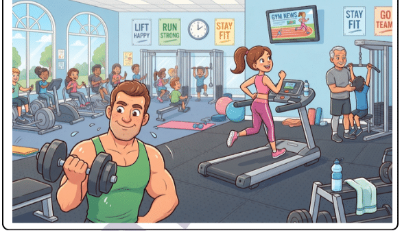 Illustration of people exercising in a gym, including a man lifting dumbbells, a woman running on a treadmill, and people using exercise equipment.