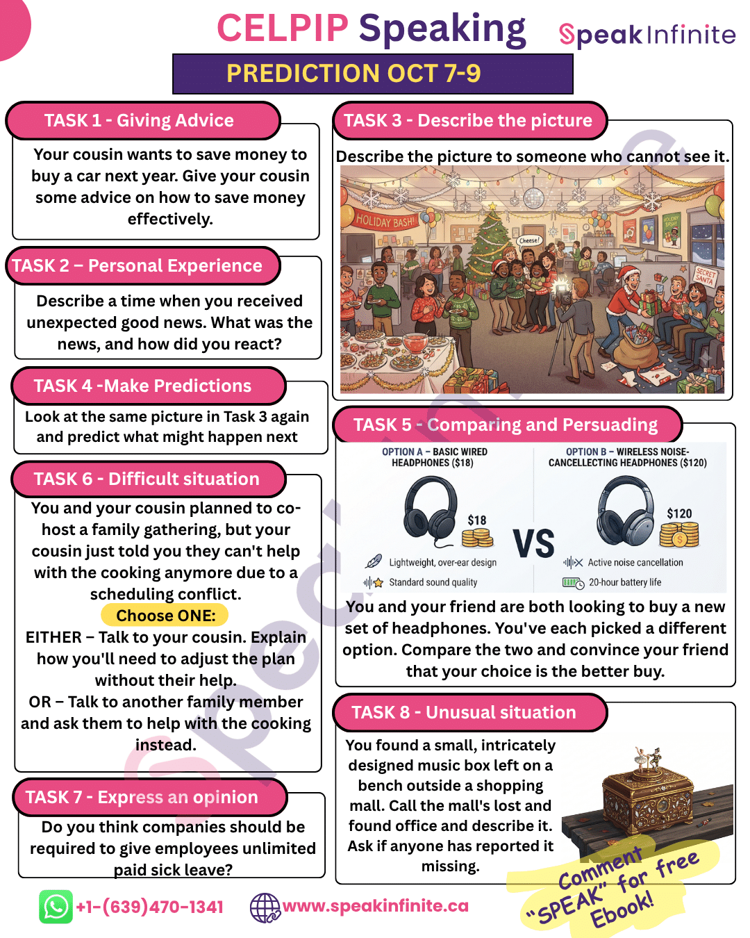 Speak Infinite CELPIP Speaking Prediction October 7–9 poster featuring all eight speaking tasks